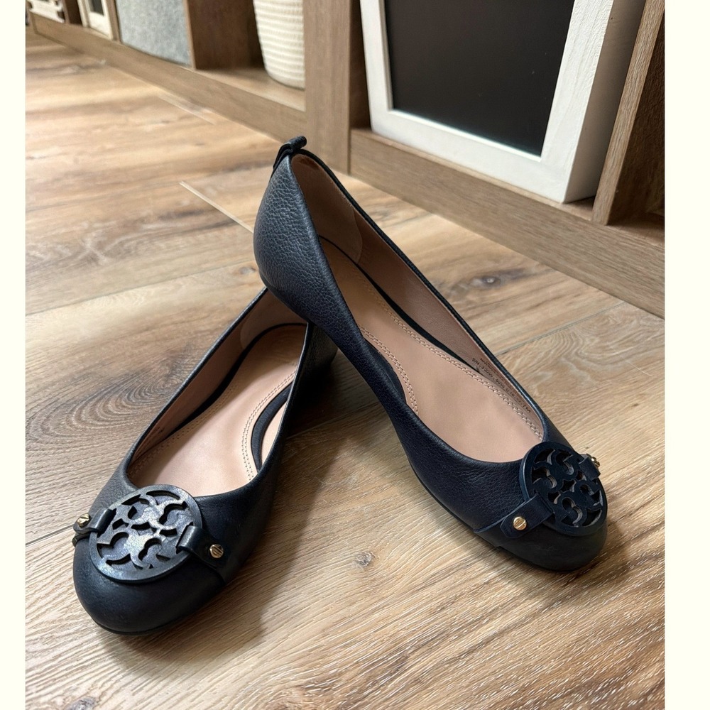 Tory Burch Miller Logo Navy Blue Leather Ballet Flats Women's 7 Quiet Luxury